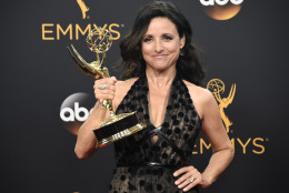 Julia Louis-Dreyfus poses in the press room with the award for  outstanding lead actress in a comedy series for Veep at the 68th Primetime Emmy Awards on Sunday, Sept. 18, 2016, at the Microsoft Theater in Los Angeles. (Photo by Phil McCarten/Invision for the Television Academy/AP Images)