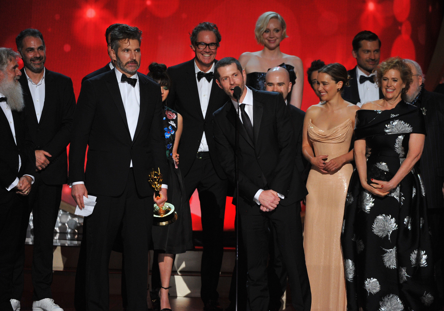 D.B Weiss, along with the cast and crew from Game of Thrones accept the award for outstanding drama series at the 68th Primetime Emmy Awards on Sunday, Sept. 18, 2016, at the Microsoft Theater in Los Angeles. (Photo by Vince Bucci/Invision for the Television Academy/AP Images)