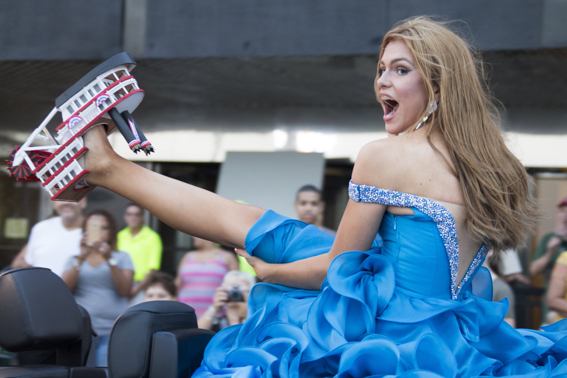 Miss Ohio Alice Louisa Magoto shows off her riverboat heel during the 2017 Miss America pageant "Show Us Your Shoes" parade Saturday, Sept. 10, 2016, in Atlantic City. (AP Photo/Chris Szagola)