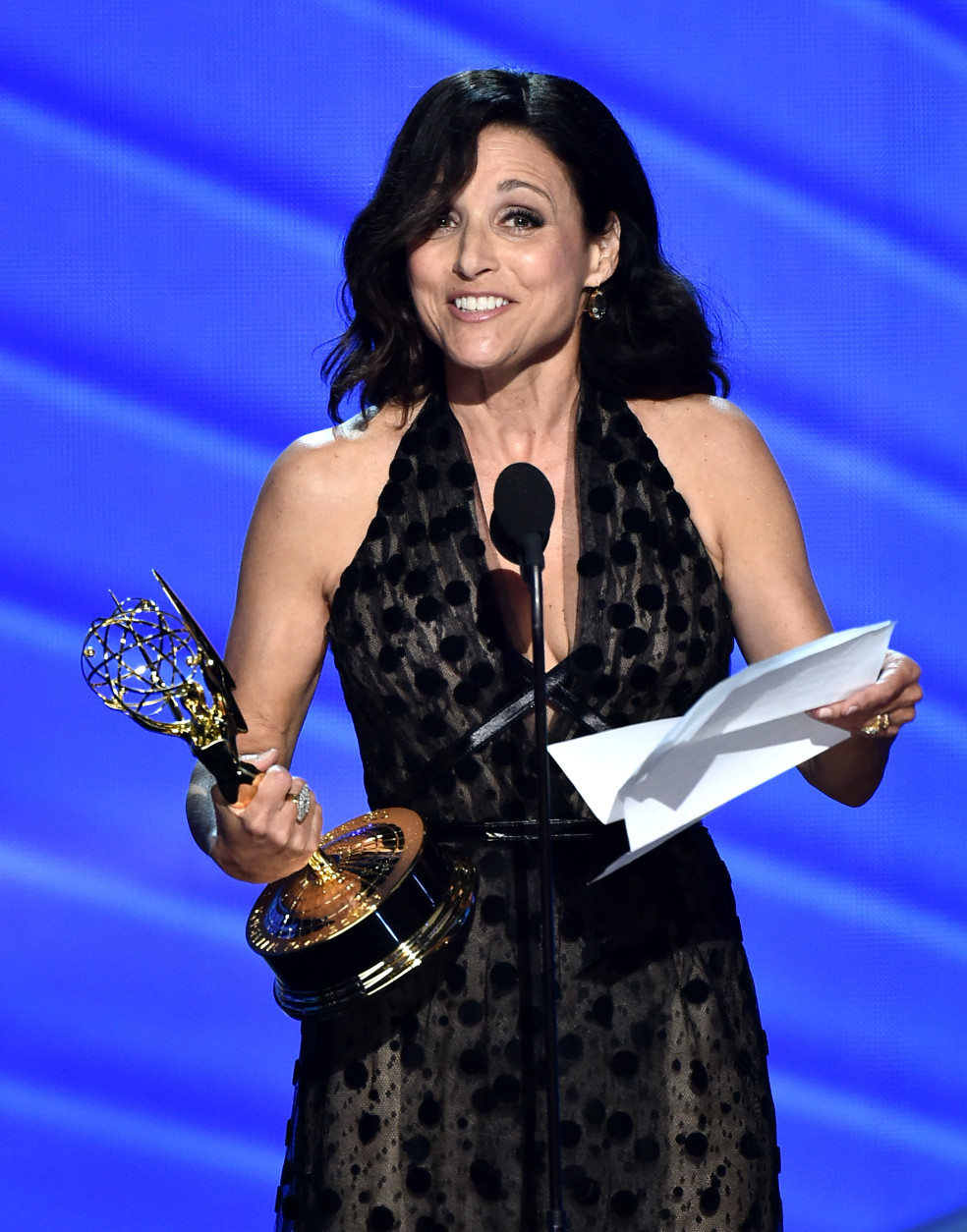Julia Louis-Dreyfus accepts the award for outstanding lead actress in a comedy series for Veep at the 68th Primetime Emmy Awards on Sunday, Sept. 18, 2016, at the Microsoft Theater in Los Angeles. (Photo by Vince Bucci/Invision for the Television Academy/AP Images)