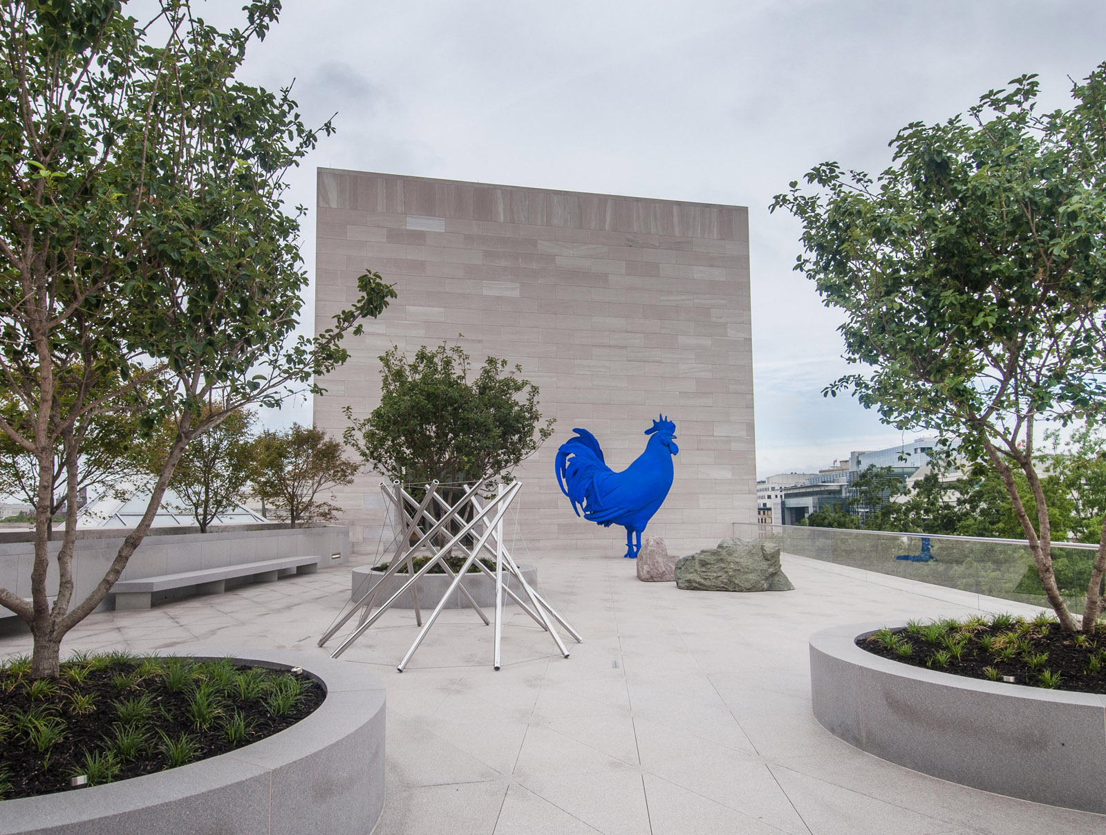 The new rooftop terrace at the East Building of the National Gallery of Art features sculptures including this blue rooster, called "Hahn/Cock" by the German artist Katharina Fritsch. (National Gallery of Art/Rob Shelley)