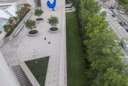 A new rooftop terrace on the East Building of the National Gallery of Art features benches, trees and a big blue rooster called "Hahn/Cock" by Katharina Fritsch. This photo looks west on Pennsylvania Avenue. (Courtesy National Gallery of Art)