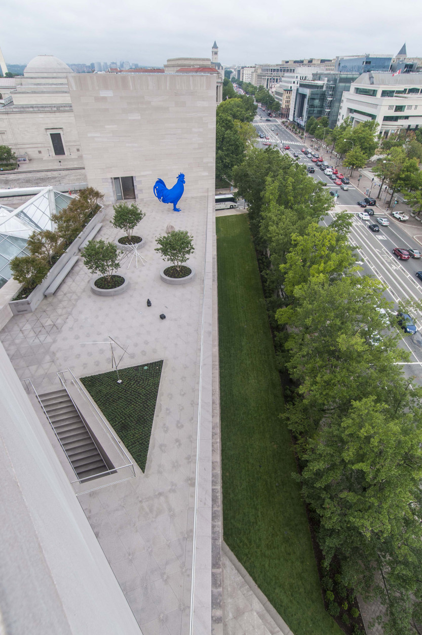 A new rooftop terrace on the East Building of the National Gallery of Art features benches, trees and a big blue rooster called "Hahn/Cock" by Katharina Fritsch. This photo looks west on Pennsylvania Avenue. (Courtesy National Gallery of Art)