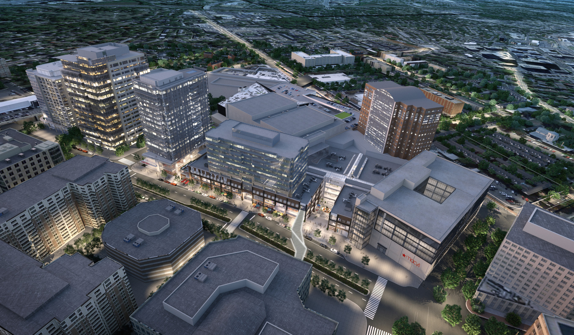 An aerial-view rendering of the Ballston Quarter project. (Courtesy Forest City Washington)