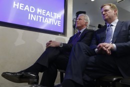 FILE - In this March 11, 2013, file photo, Chairman and CEO of General Electric, Jeff Immelt, left, and NFL Commissioner Roger Goodell listen during a news conference in New York, about GE partnering with the NFL, the US Military, and others to further research on head injuries. Commissioner Goodell enters his second decade in charge on Thursday, Sept. 1, 2016. A few years into Goodell's tenure as NFL commissioner, a grad school professor polled students on who was the most effective leader in the major sports. Goodell romped. 
That was before the league locked out the players in 2011. Before the Saints' bounties scandal. Before the behavior of Ray Rice and Adrian Peterson _ and so many others _ led to a stricter player conduct policy.  Before game officials were locked out. Before Tom Brady's suspension in "Deflategate." And before issues over head trauma and concussions brought player safety questions to the forefront.  (AP Photo/Seth Wenig, File)
