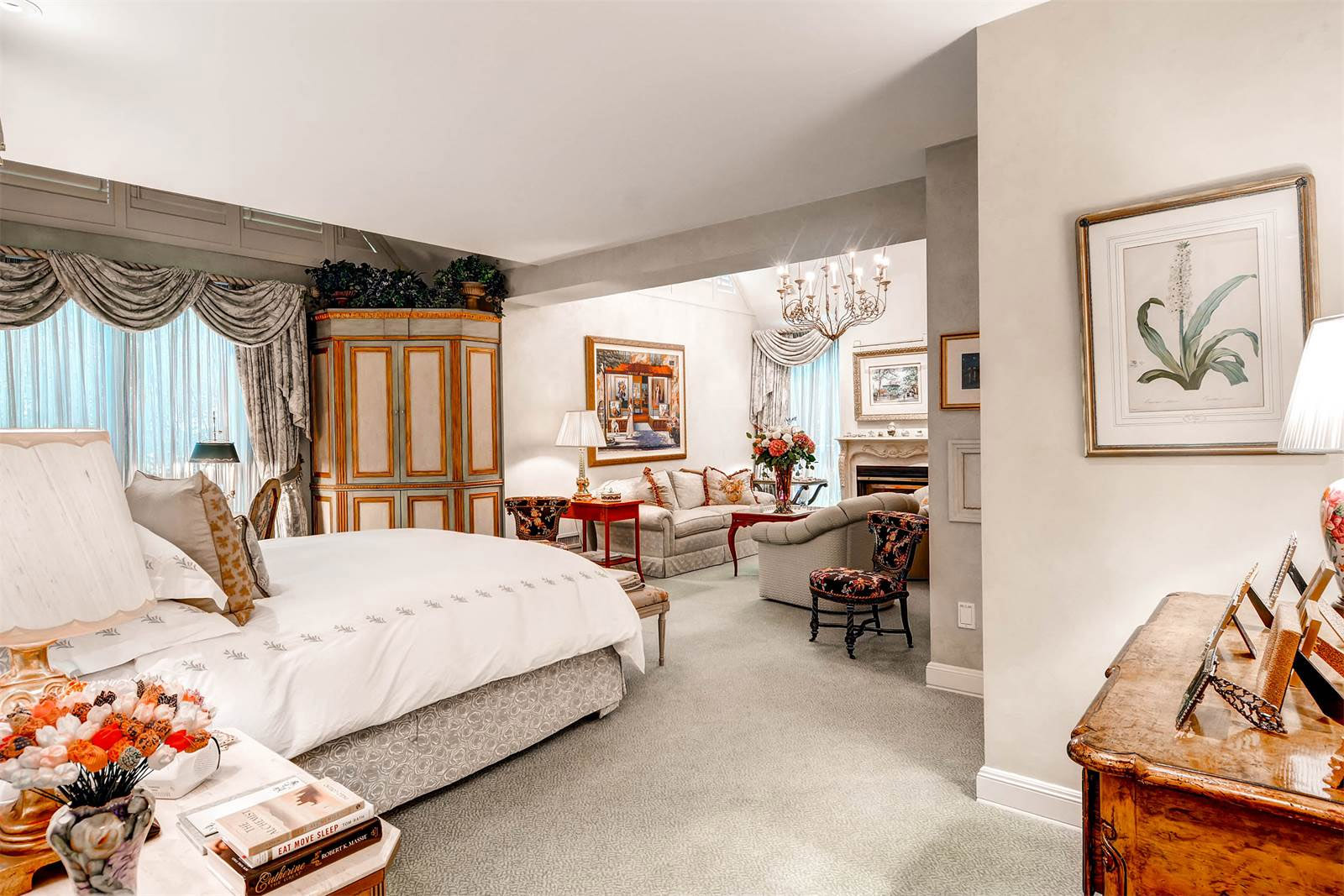 The estate features six bedrooms. The master bedroom has a gas fireplace. (Courtesy Monument Sotheby's International Realty)