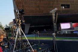 The media sets up for the opening event of the Smithsonian's National Museum of African American History and Culture. (WTOP/Allison Keyes)