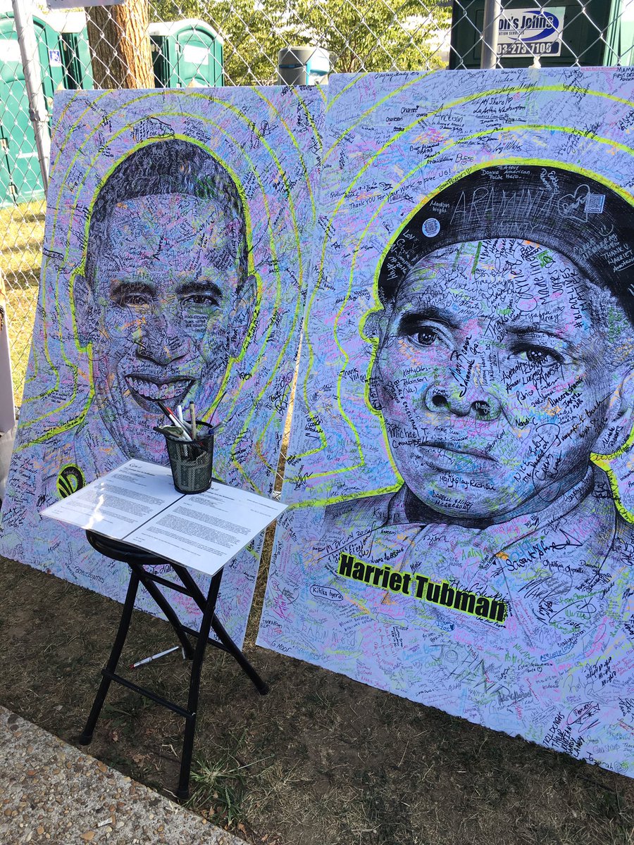 Artwork by Mark G.   Passers-by signing drawings of President @BarackObama @MichelleObama, Harriet Tubman @WTOP