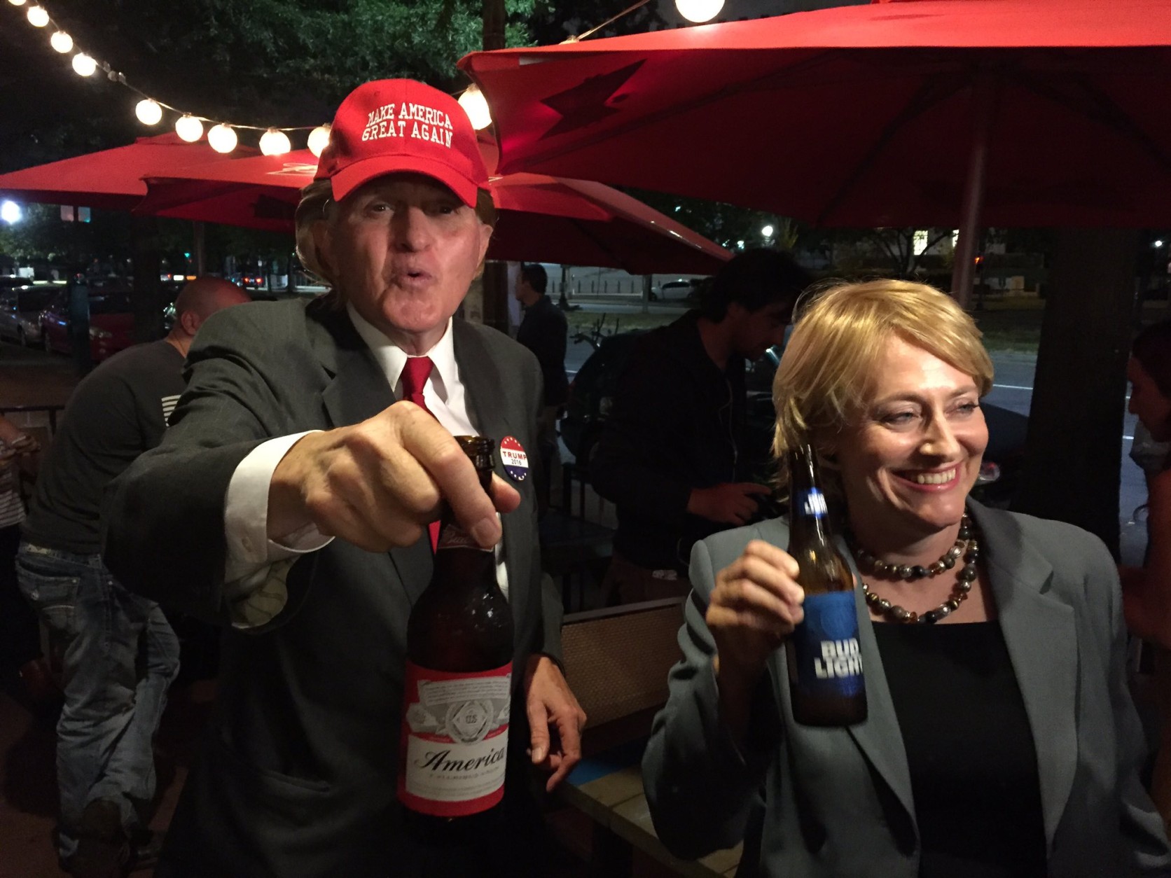 "Hillary" and "Trump" outside Capitol Lounge in D.C. "Trump" told WTOP's Michelle Basch, "This Bud's for you." (WTOP/Michelle Basch)