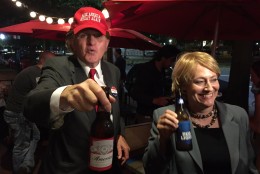 "Hillary" and "Trump" outside Capitol Lounge in D.C. "Trump" told WTOP's Michelle Basch, "This Bud's for you." (WTOP/Michelle Basch)