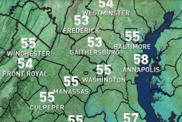 The following two maps show the changes in the humidity and comfort level as the new pattern establishes itself Tuesday into Wednesday according to the RPM computer model.  This map for Tuesday is set for heading back to work in the morning. (Data: The Weather Company. Graphic: StormTeam 4/WTOP)