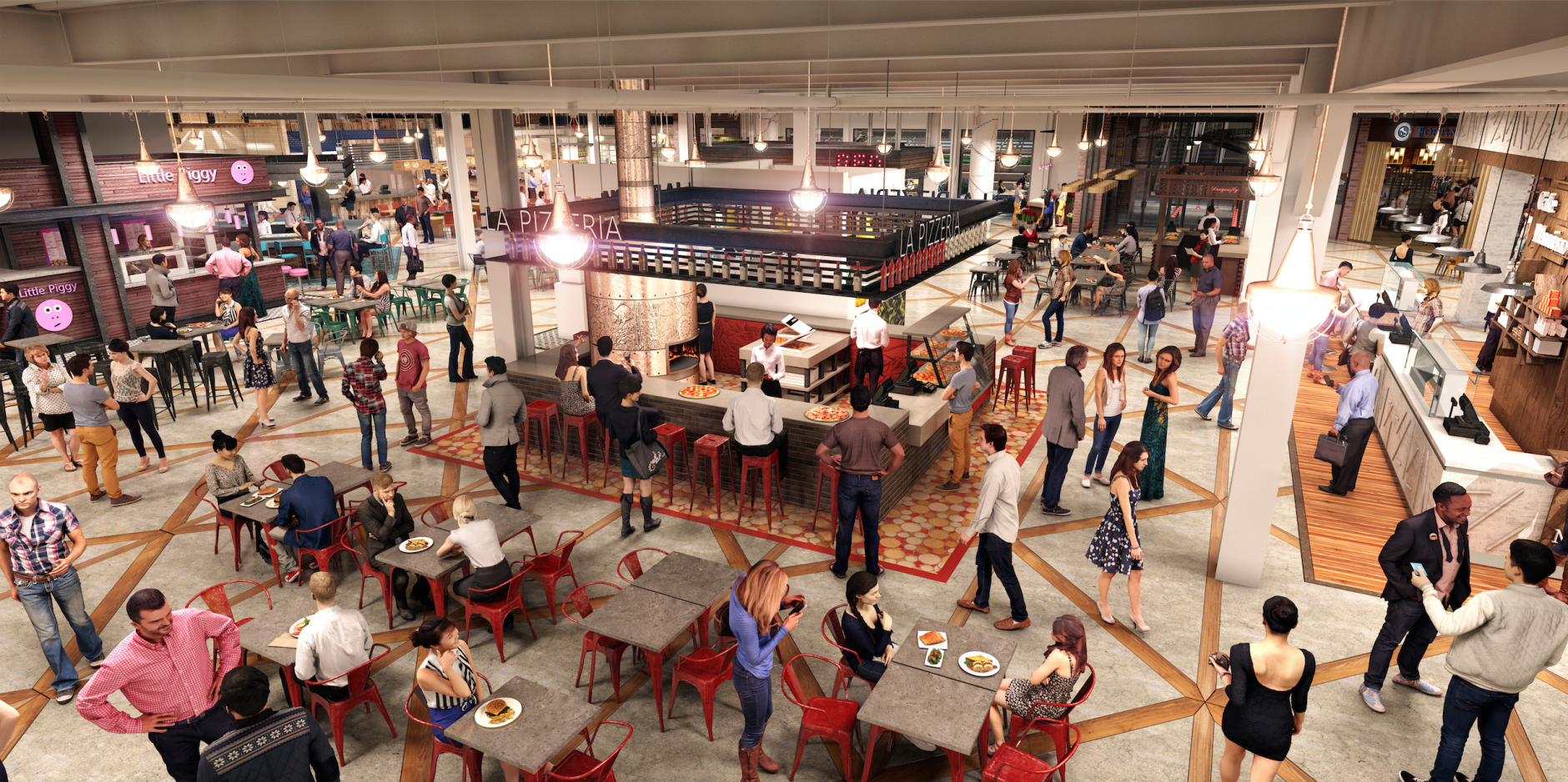 A rendering of the dining hall at the Ballston Quarter project. (Courtesy of Forest City Washington)