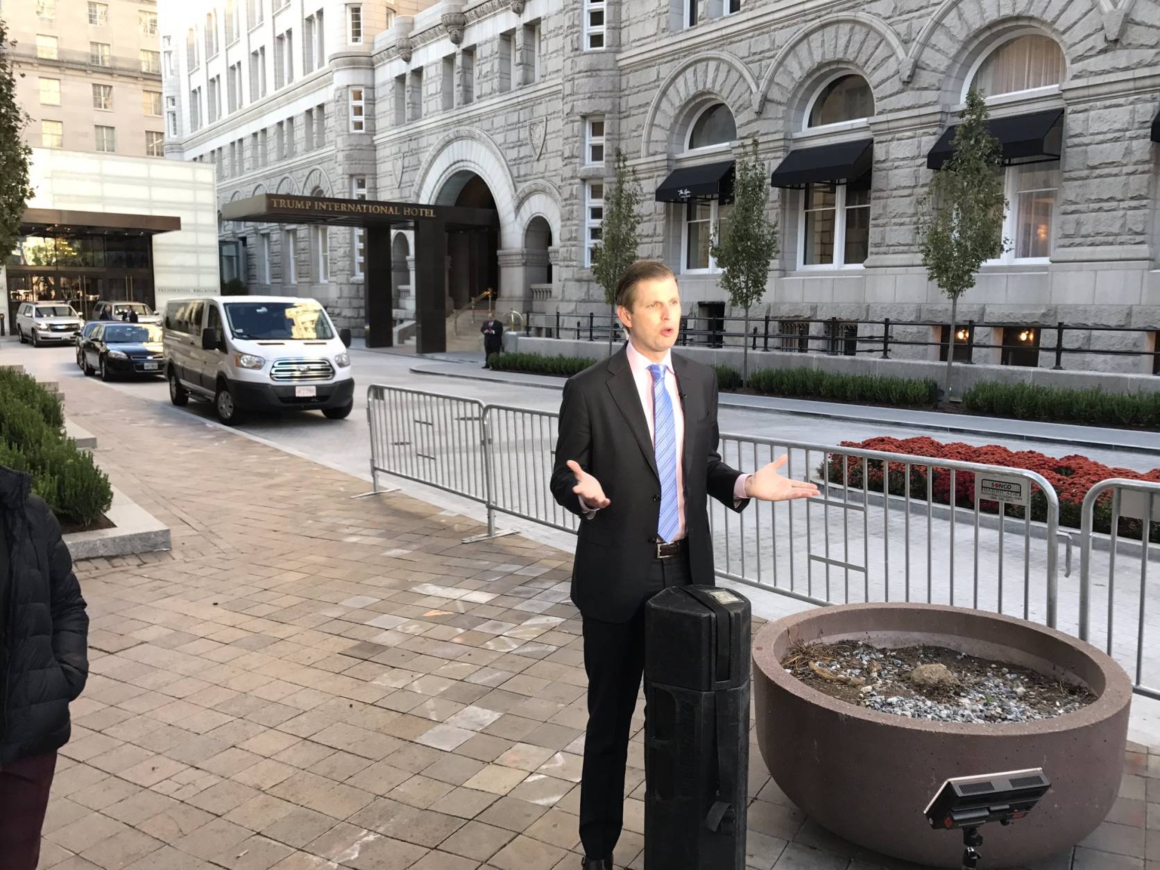 Eric Trump stumps for his father on TV at the Trump International Hotel, in D.C., on the morning of the grand opening, Oct. 26, 2016. (WTOP/Neal Augenstein)