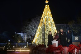 Actress Reese Witherspoon, mother-in-law Marian Robinson, Malia Obama, President Barack Obama and first lady Michelle Obama attend the national Christmas tree lighting ceremony on the Ellipse south of the White House December 3, 2015 in Washington, DC. The lighting of the tree is an annual tradition attended by the president and the first family. (Photo by Olivier Douliery- Pool/Getty Images)