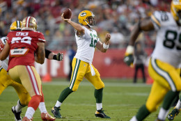 SANTA CLARA, CA - AUGUST 26:  Quarterback Aaron Rodgers #12 of the Green Bay Packers throws a pass against the San Francisco 49ers in the first half of their preseason football game at Levi's Stadium on August 26, 2016 in Santa Clara, California.  (Photo by Thearon W. Henderson/Getty Images)