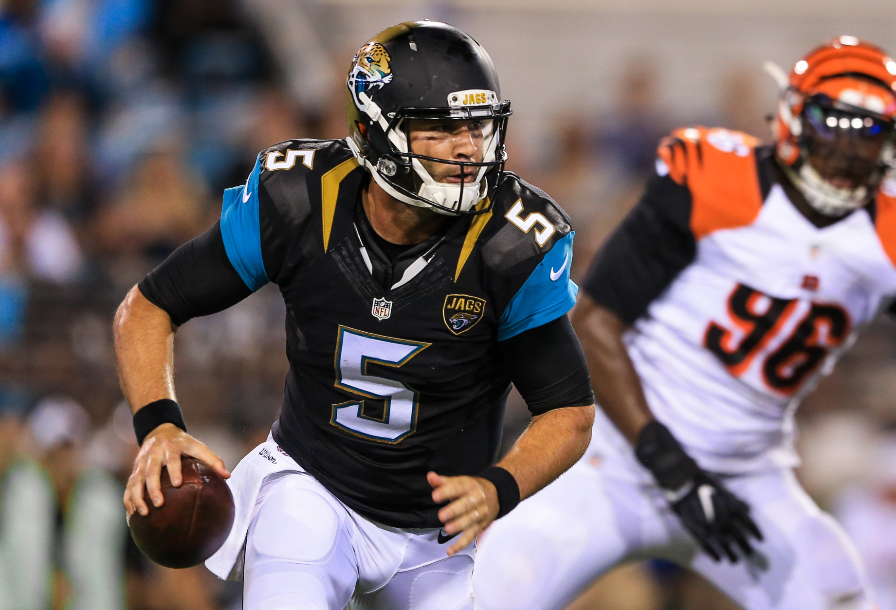 JACKSONVILLE, FL - AUGUST 28: Blake Bortles #5 of the Jacksonville Jaguars scrambles out of the pocket during the first quarter of the preseason game against the Cincinnati Bengals at EverBank Field on August 28, 2016 in Jacksonville, Florida. (Photo by Rob Foldy/Getty Images)