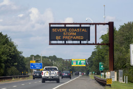 OCEAN CITY, NJ - SEPTEMBER 4:  A sign along Garden State Parkway warns travelers about Tropical Storm Hermine on September 4, 2016 near Ocean City, New Jersey. Hermine made landfall as a Category 1 hurricane but has weakened back to a tropical storm. (Photo by Jessica Kourkounis/Getty Images)