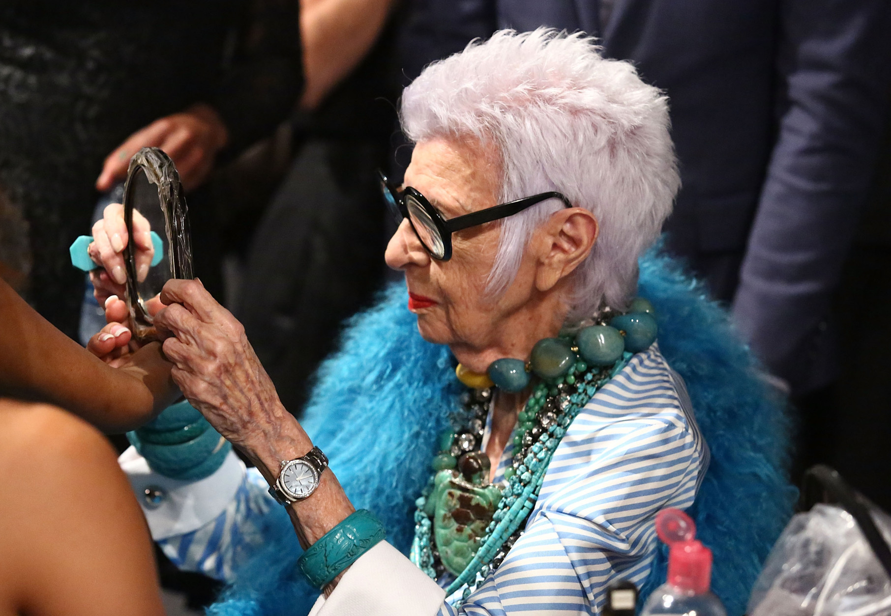 NEW YORK, NY - SEPTEMBER 09:  Iris Apfel poses backstage at Monse - September 2016 - New York Fashion Week at Art Beam on September 9, 2016 in New York City.  (Photo by Astrid Stawiarz/Getty Images)