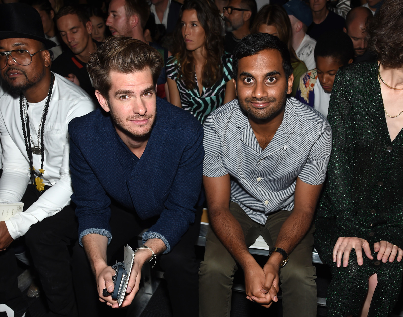NEW YORK, NY - SEPTEMBER 11:  Actors Andrew Garfield and Aziz Ansari attend the Opening Ceremony fashion show Front Row during New York Fashion Week at Jacob Javits Center on September 11, 2016 in New York City.  (Photo by Jamie McCarthy/Getty Images)