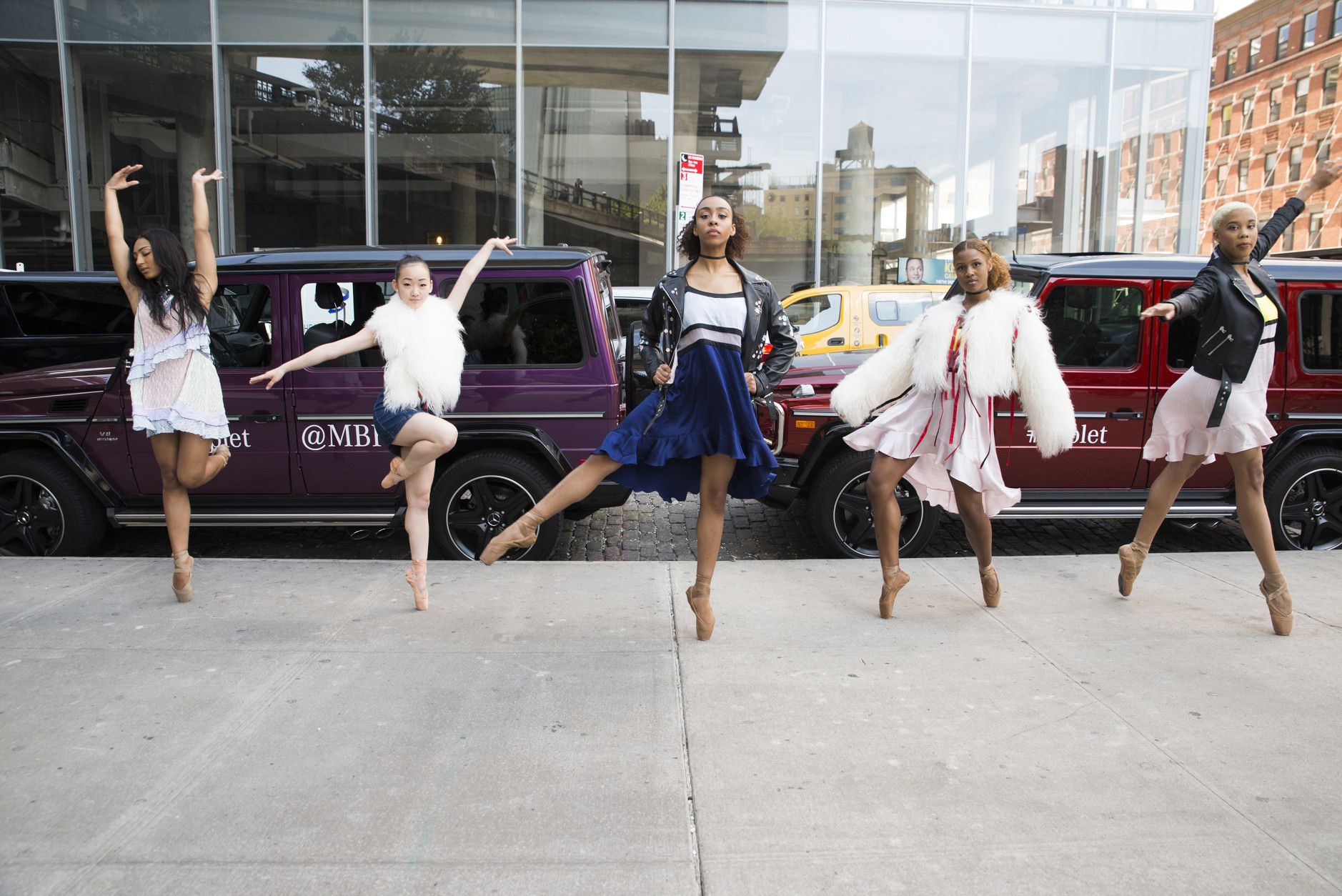 NEW YORK, NY - SEPTEMBER 12:  Mercedes-Benz and the Hiplet Ballerinas stage a pop up live performance choreographed by Homer Bryant in front of New York City's The Standard, High Line on September 12, 2016 in New York City. The dancers performed to music by Christoph Hillekamps aka Chhhhhh, wearing a selection of signature pieces from New York designer Sandy Liang, who presented her Spring/Summer 2017 collection as part of New York Fashion Week.  (Photo by Jenny Anderson/Getty Images for Mercedes-Benz)