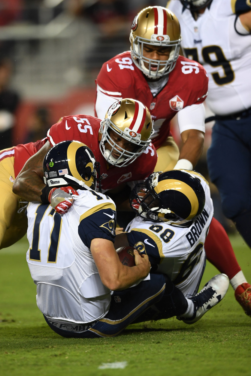 SANTA CLARA, CA - SEPTEMBER 12:  Ahmad Brooks #55 of the San Francisco 49ers sacks Case Keenum #17 of the Los Angeles Rams during their NFL game at Levi's Stadium on September 12, 2016 in Santa Clara, California.  (Photo by Thearon W. Henderson/Getty Images)