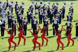 WASHINGTON, DC - SEPTEMBER 23:  The Tennessee State University Aristocrat of Bands marching band performs on the South Lawn of the White House during a reception in honor of the opening of the Smithsonian National Museum of African American History and Culture September 23, 2016 in Washington, DC. Founded in 1946, the band performed during the inauguration of presidents Bill Clinton and John F. Kennedy,  making them the first historically black college or university to perform at a presidential inauguration.  (Photo by Chip Somodevilla/Getty Images)