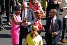 WASHINGTON, DC - SEPTEMBER 23:  Former Attorney General Eric Holder poses for a selfie during a reception in honor of the opening of the Smithsonian National Museum of African American History and Culture on the South Lawn of the White House September 23, 2016 in Washington, DC. Presidents Barack Obama and George W. Bush will be among the guests to help open the museum to the public Saturday. (Photo by Chip Somodevilla/Getty Images)