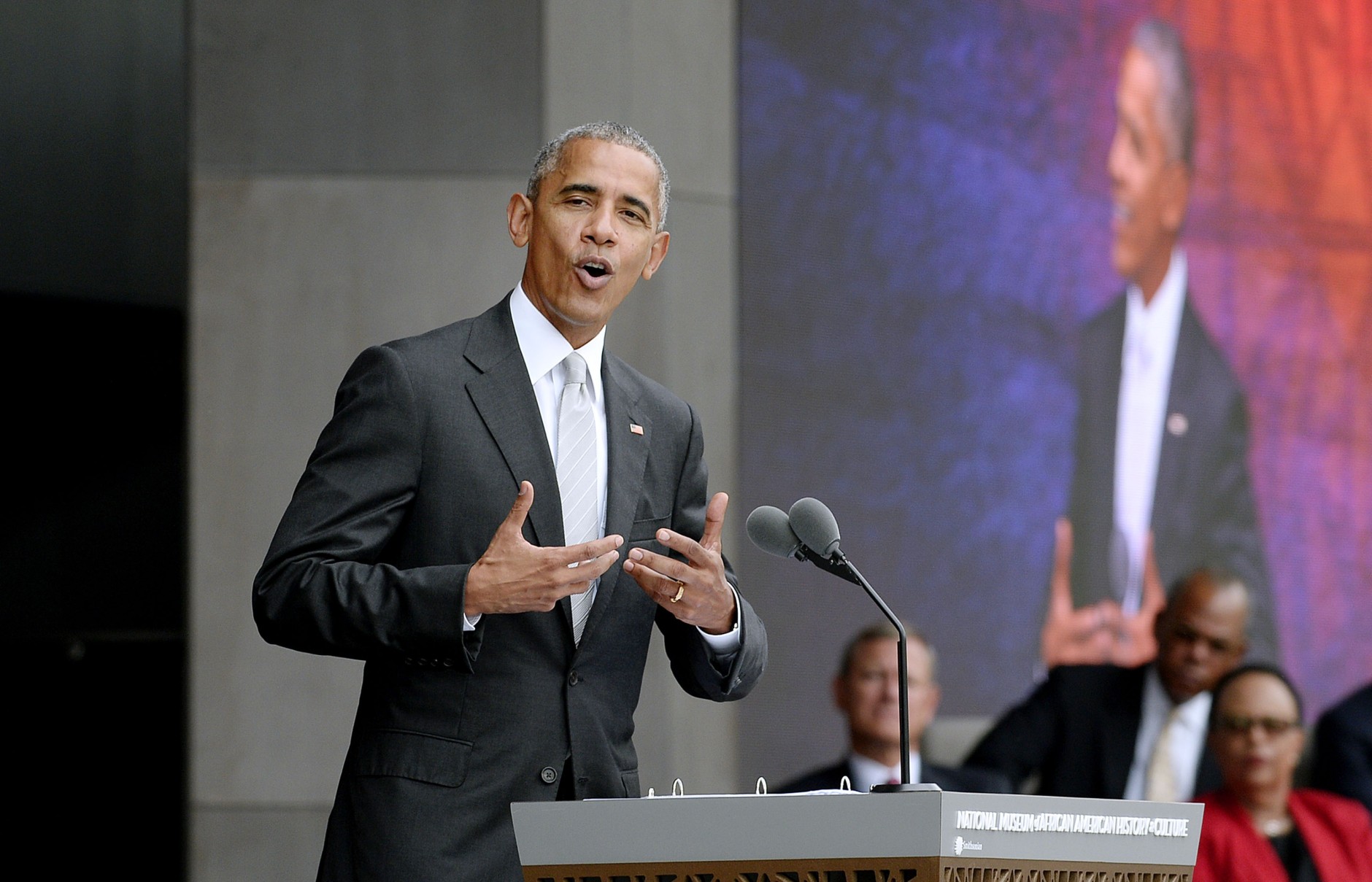 President Barack Obama speaks at the opening ceremony of the Smithsonian National Museum of African American History and Culture on Sept. 24, 2016 in Washington, D.C. The museum is opening thirteen years after Congress and President George W. Bush authorized its construction.  (Photo by Olivier Douliery-Pool/Getty Images)