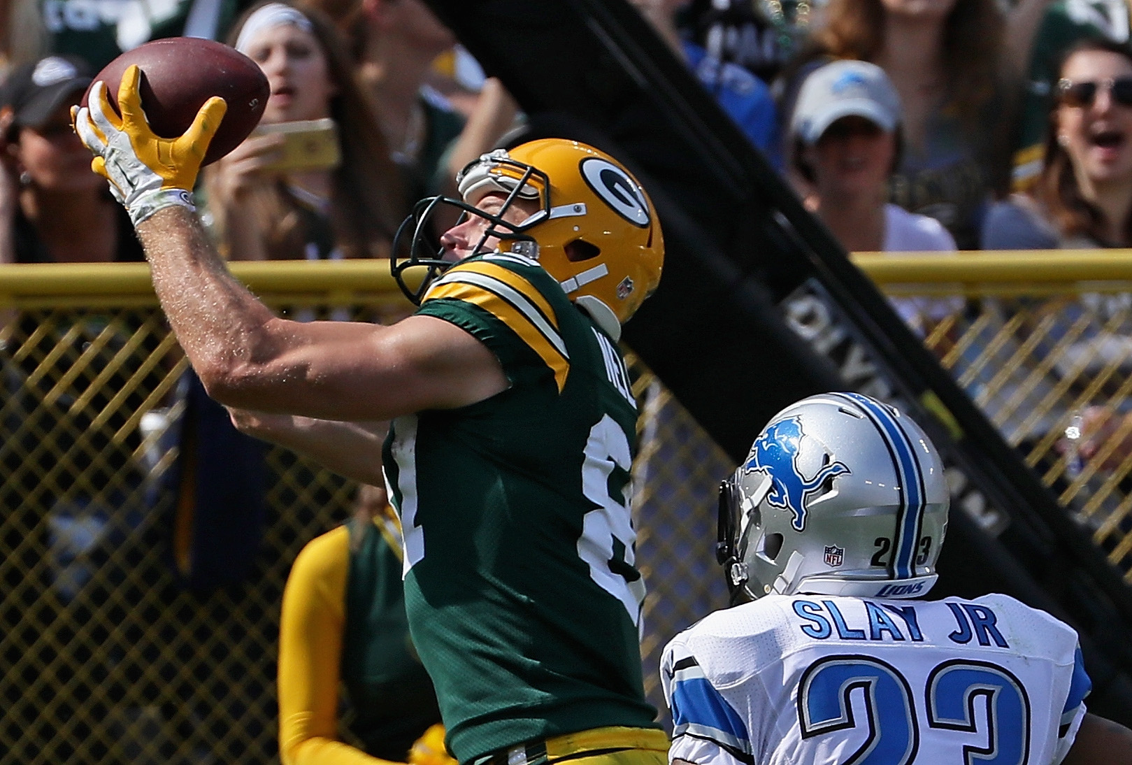 GREEN BAY, WI - SEPTEMBER 25: Jordy Nelson #87 of the Green Bay Packers catches a touchdown pass in the second quarter over Darius Slay #23 of the Detroit Lions at Lambeau Field on September 25, 2016 in Green Bay, Wisconsin. (Photo by Jonathan Daniel/Getty Images)
