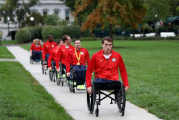 WASHINGTON, DC - SEPTEMBER 29:  Members of the Paralympic team head to East Room of the White House on September 29, 2016  in Washington, DC.  President Obama and First Lady Michelle Obama honored U.S. Olympic and Paralympic athletes for their participation and success in this years Games in Rio.  (Photo by Elsa/Getty Images)