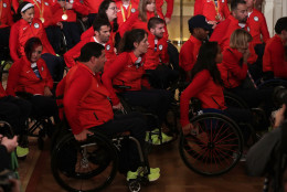 WASHINGTON, DC - SEPTEMBER 29:  Members of the U.S. Paralympic team leave the East Room after an event at the White House September 29, 2016 in Washington, DC. President Barack Obama and first lady Michelle Obama welcome the 2016 U.S. Olympic and Paralympic teams to the White House to honor their participation and success in the Rio Olympic Games this year.  (Photo by Alex Wong/Getty Images)