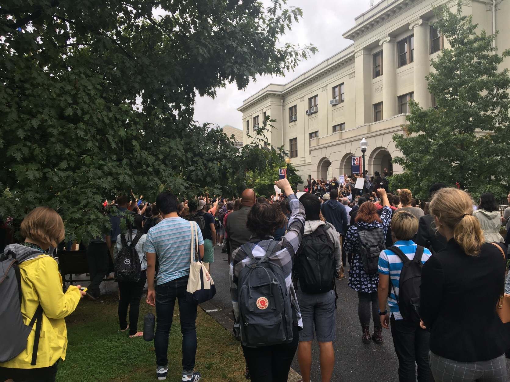American University students gather at the protest on campus on Monday afternoon after the recent reports of black student harassment. (WTOP/Max Smith)