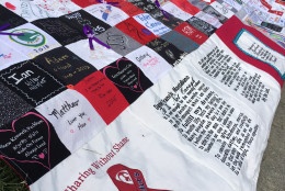 Quilts with the names of people lost to addiction dot the National Mall on Sunday. (WTOP/Liz Anderson)