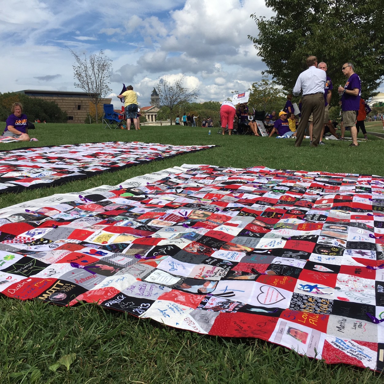 Quilts with the names of people lost to addiction dot the National Mall on Sunday. (WTOP/Liz Anderson)