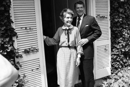 Republican presidential nominee Ronald Reagan and wife Nancy speak to reporters from the front door of their rented estate, Wexford, near Middleburg, Virginia after arriving, Thursday, August 29, 1980. The Reagan's will use the home as a retreat during the political campaign. (AP Photo)