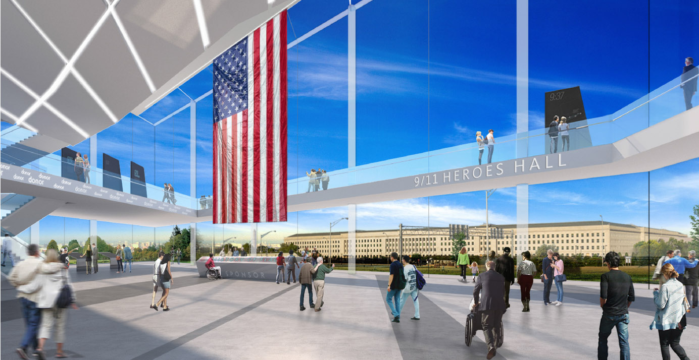 This artists rendering shows a portion of the planned Pentagon Memorial Visitor Education Center called the 9/11 Heroes Hall. Construction is expected to begin in 2017. (Gensler for the Pentagon Memorial Fund)
