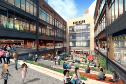 A view of the plaza portion of the Ballston Quarter Project, rendered from Wilson Boulevard. (Courtesy of Forest City Washington)