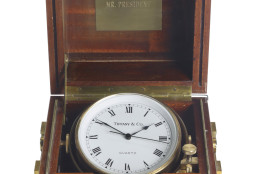 This undated photo provided by Christie's shows a marine chronometer given to Ronald Reagan by Frank Sinatra for Reagan's first inauguration. The clock, which will be sold by Christie's New York during a two-day auction of the contents of Ronald and Nancy Reagan's ranch-style home in California, has a pre-sale estimate of $5,000-$10,000. Christieâ€™s announced Thursday, June 30, 2016, highlights of the Sept. 21-22 sale in New York City. (Christie's via AP) MANDATORY CREDIT