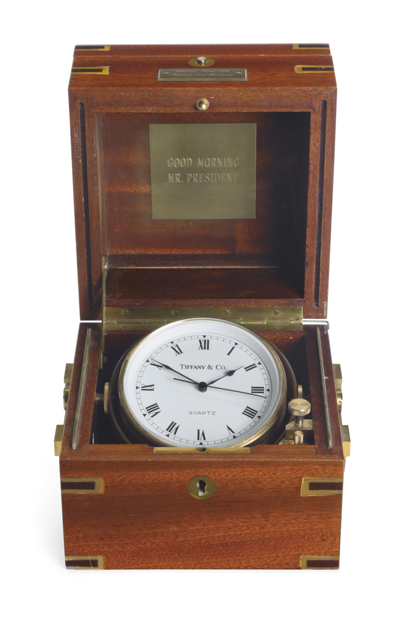 This undated photo provided by Christie's shows a marine chronometer given to Ronald Reagan by Frank Sinatra for Reagan's first inauguration. The clock, which will be sold by Christie's New York during a two-day auction of the contents of Ronald and Nancy Reagan's ranch-style home in California, has a pre-sale estimate of $5,000-$10,000. Christieâ€™s announced Thursday, June 30, 2016, highlights of the Sept. 21-22 sale in New York City. (Christie's via AP) MANDATORY CREDIT