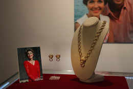 NEW YORK, NY - SEPTEMBER 16:  Jewelry, including a diamond and gold necklace
once owned by Nancy Reagan is displayed at Christie's where items from the former president and Nancy Reagan's California home are to be auctioned shortly on September 16, 2016 in New York City. Many personal items of the first couple are to be auctioned including "Hollywood Regency"style furniture and light fixtures, decorative works, handbags, porcelain stamped with the presidential seal, jewelry and a pair of Reagan's cowboy boots with the presidential seal. The e-catalog auction, which is expected to generate more than $2 million with individual items ranging from $1,000 to $50,000, goes live at Christie's Monday in New York. Proceeds from the auction will be donated to the Ronald Reagan Presidential Foundation and Institute.  (Photo by Spencer Platt/Getty Images)