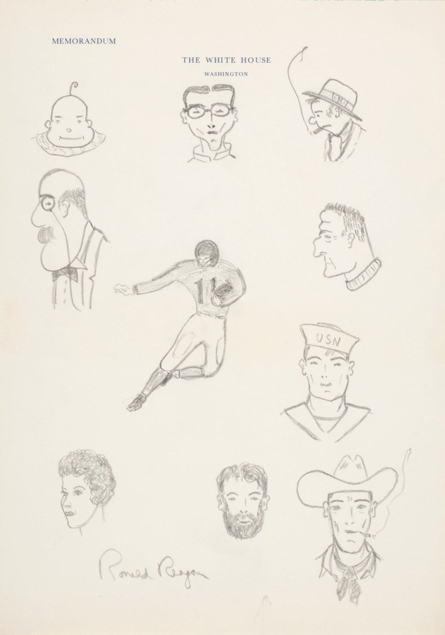 This series of pencil sketches and signed by Ronald Reagan on White House stationary is among the personal belongings of the president that will sell at auction this week. Christie's will auction more than 700 items from Ronald and Nancy Reagan's Los Angeles ranch-style home, where they moved after leaving the White House in 1989.  The doodles include a football player, a sailor, a cowboy smoking a cigarette, a gentleman wearing a monocle and a baby.  (Courtesy Christie's)</p>