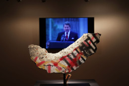 NEW YORK, NY - SEPTEMBER 16:  A piece of the Berlin Wall given to Ronald Reagan stands  at Christie's where items from the former president and Nancy Reagan's California home are to be auctioned shortly on September 16, 2016 in New York City. Many personal items of the first couple are to be auctioned including "Hollywood Regency"style furniture and light fixtures, decorative works, handbags, porcelain stamped with the presidential seal, jewelry and a pair of Reagan's cowboy boots with the presidential seal. The e-catalog auction, which is expected to generate more than $2 million with individual items ranging from $1,000 to $50,000, goes live at Christie's Monday in New York. Proceeds from the auction will be donated to the Ronald Reagan Presidential Foundation and Institute.  (Photo by Spencer Platt/Getty Images)