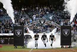 Oakland Raiders players are introduced before a preseason NFL football game against the Seattle Seahawks Thursday, Sept. 1, 2016, in Oakland, Calif. (AP Photo/Tony Avelar)