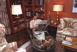 GOP presidential candidate Ronald Reagan is shown relaxing with the morning papers at his Wexford home near Middleburg, Virginia, on October 24, 1980.  (AP Photo/Walt Zeboski)