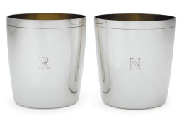 These silver beakers, marked R and N, were a personal gift of Margaret and Denis Thatcher to Ronald and Nancy Reagan. They are among the personal belongings of the Reagan that will go up for auction this week. Christie's will auction more than 700 belongings of Ronald and Nancy Reagan that came from their Los Angeles ranch-style home, where they moved after leaving the White House in 1989. (Courtesy Christie's)