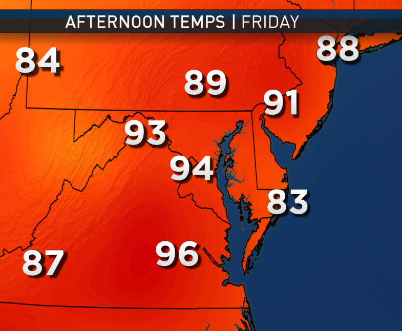 This map shows the GFS computer model output for afternoon temperatures the second half of the workweek. (Data: Environmental Modeling Center/NOAA. Graphic: StormTeam 4/WTOP)