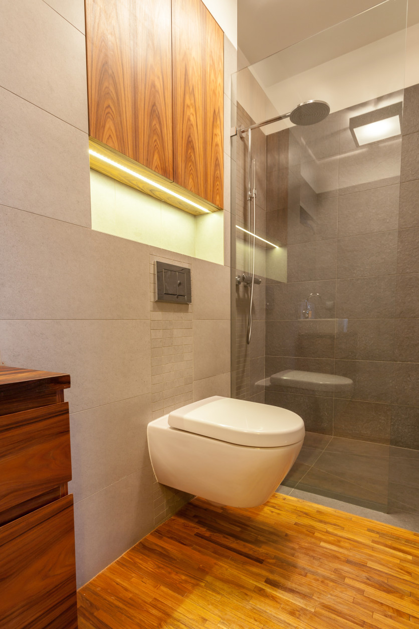 Small toilet with shower in modern bathroom