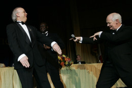 White House Deputy Chief of Staff Karl Rove, left, performs with comedian Colin Mochrie at the Radio and Television Correspondents?  Association annual dinner, Wednesday, March 28, 2007 in Washington.  (AP Photo/Manuel Balce Ceneta)