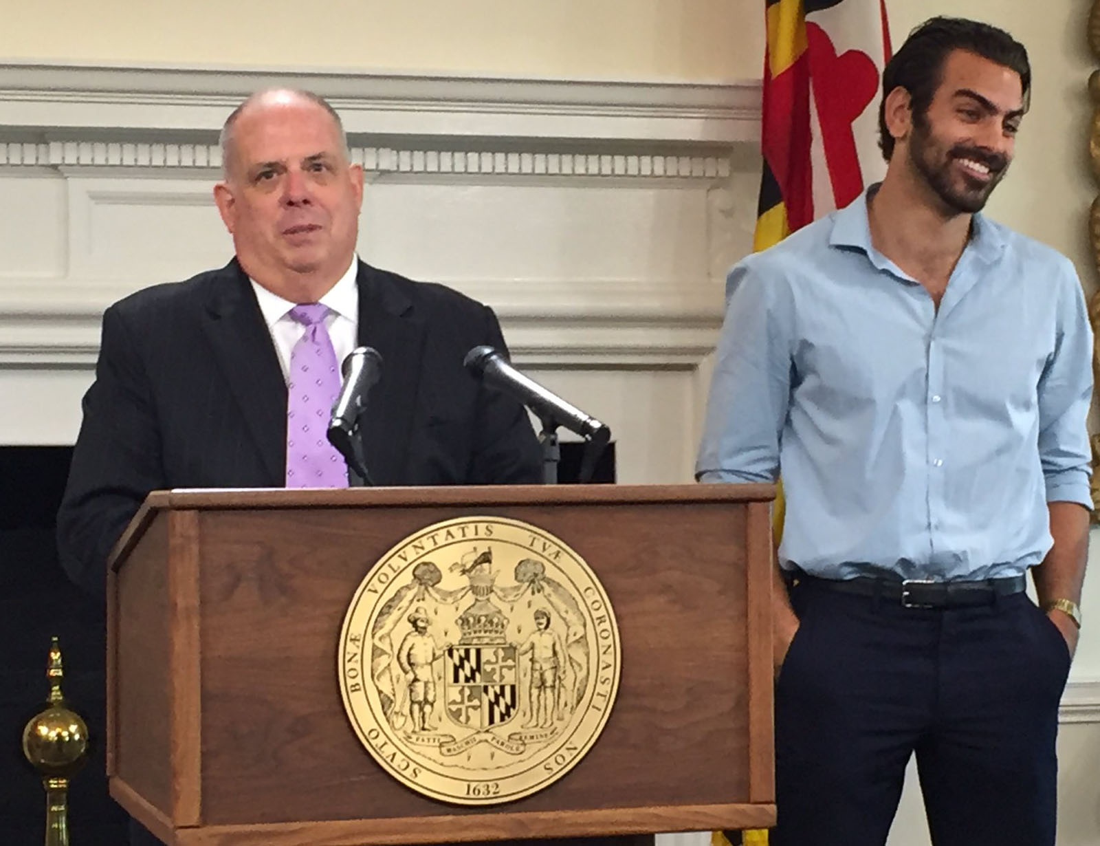 "There's absolutely no chance of me going on 'Dancing With the Stars.' I'm very proud to have a Marylander who's already won, and I think we ought to just leave it at that," Maryland Gov. Larry Hogan said Wednesday after honoring the reality TV star with a Governor's Citation. (WTOP/Michelle Basch)
