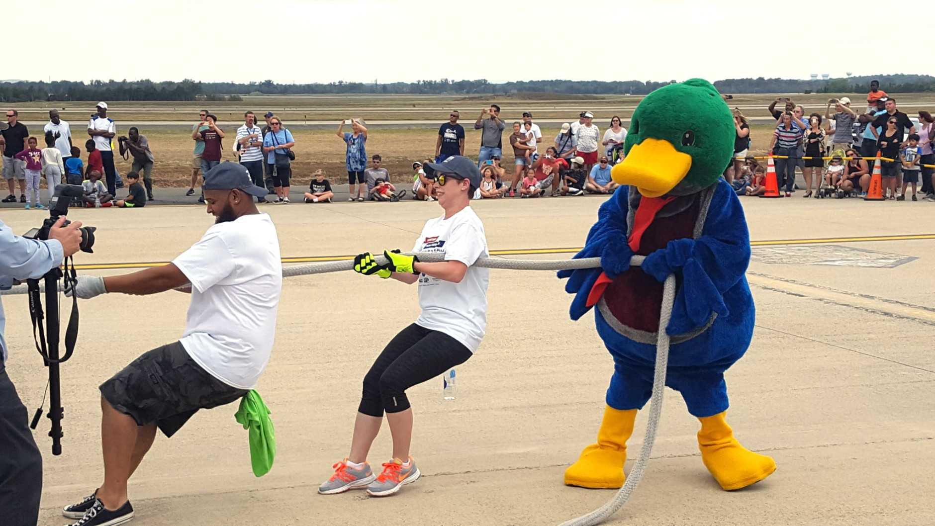 Team Homewood Suites flew out their mascot for the Plane Pull at Dulles International Airport on Saturday, Sept. 17, 2016. (WTOP/Ralph Fox)